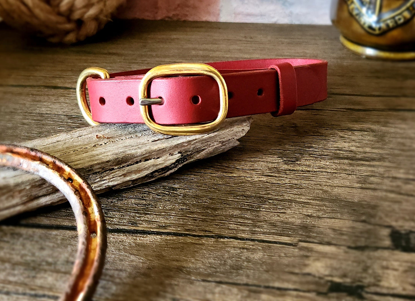 The working or larger, leather dog collar in brass swage buckles