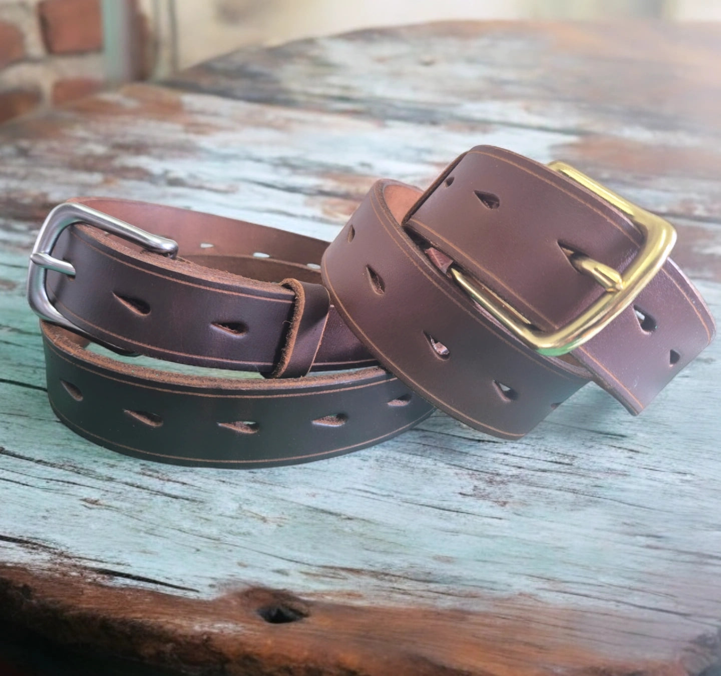 Tear-drop leather belts