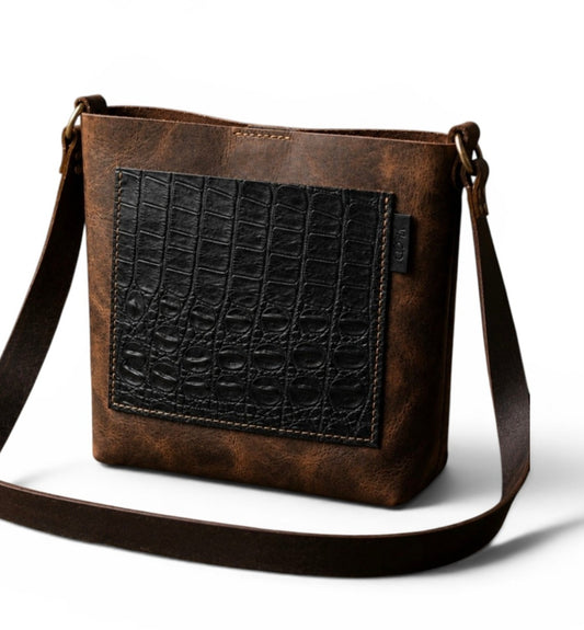 Australian leather crazy horse in tan Tote with Black Crocodile front pocket