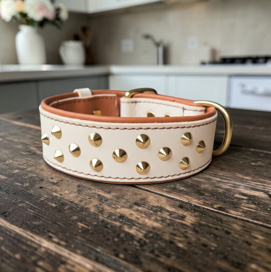 Natural leather gold studded 38mm collars